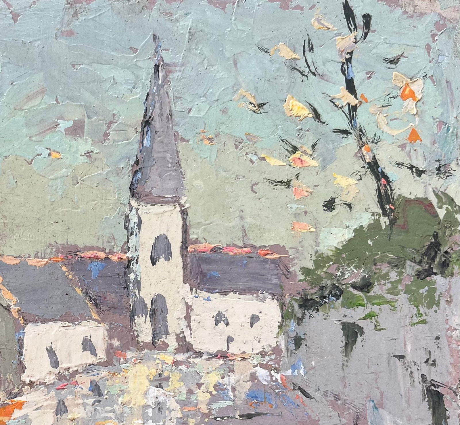 Fanch Lelfrench Impressionist Oil Painting Of Charming Village Scene With Spired Church photo for sale