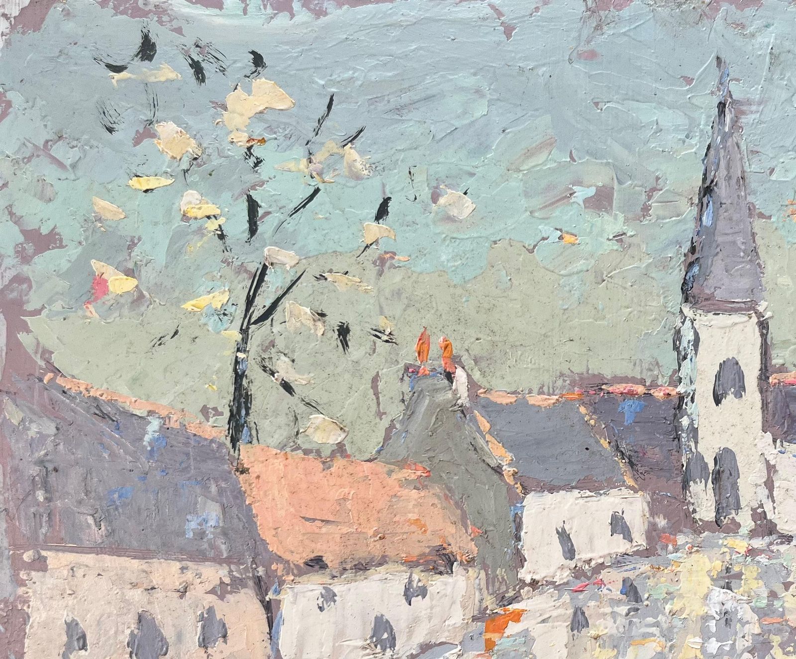 Fanch Lelfrench Impressionist Oil Painting Of Charming Village Scene With Spired Church photo vinterior