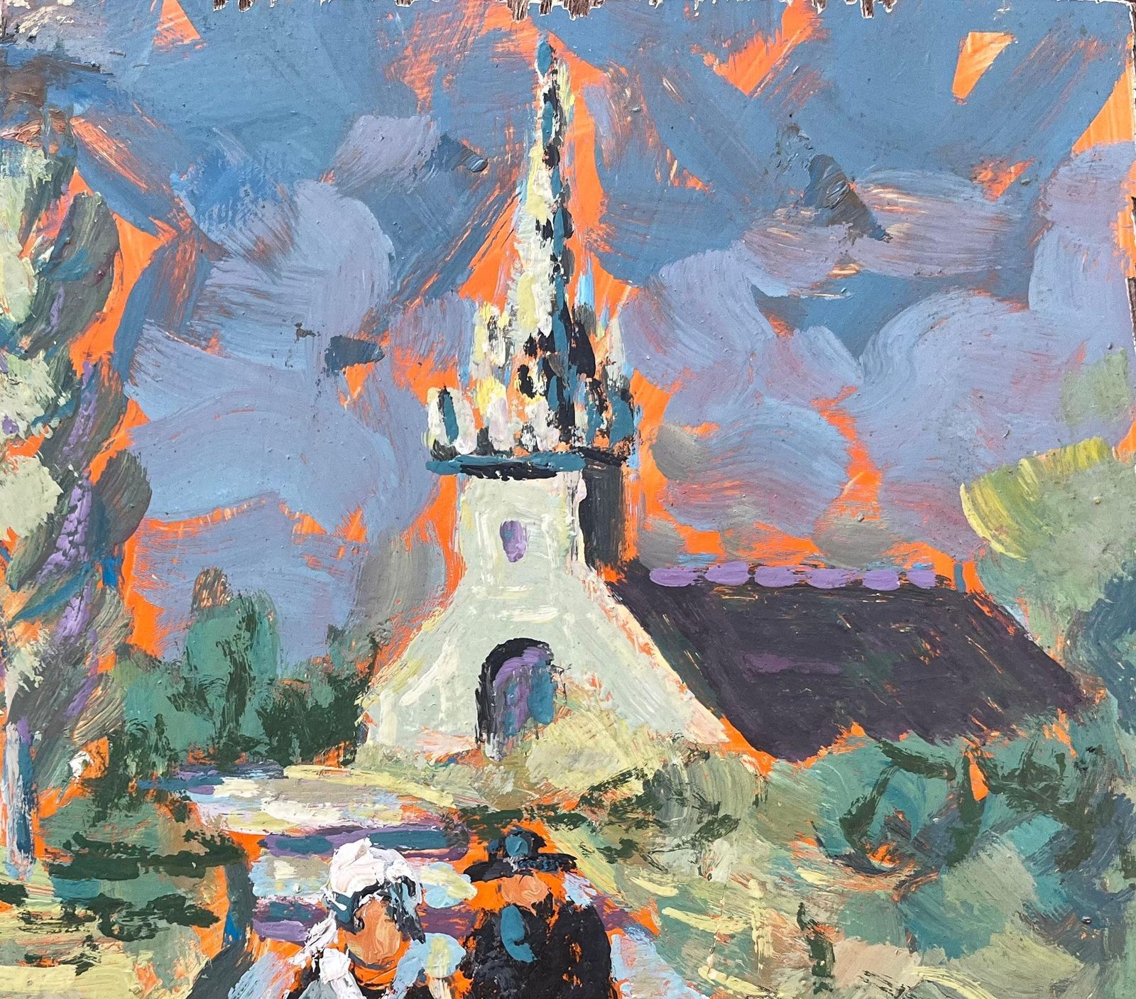Fanch Lelfrench Impressionist Oil Painting Of Church And Village Scene With Figures1999 photo 544.0