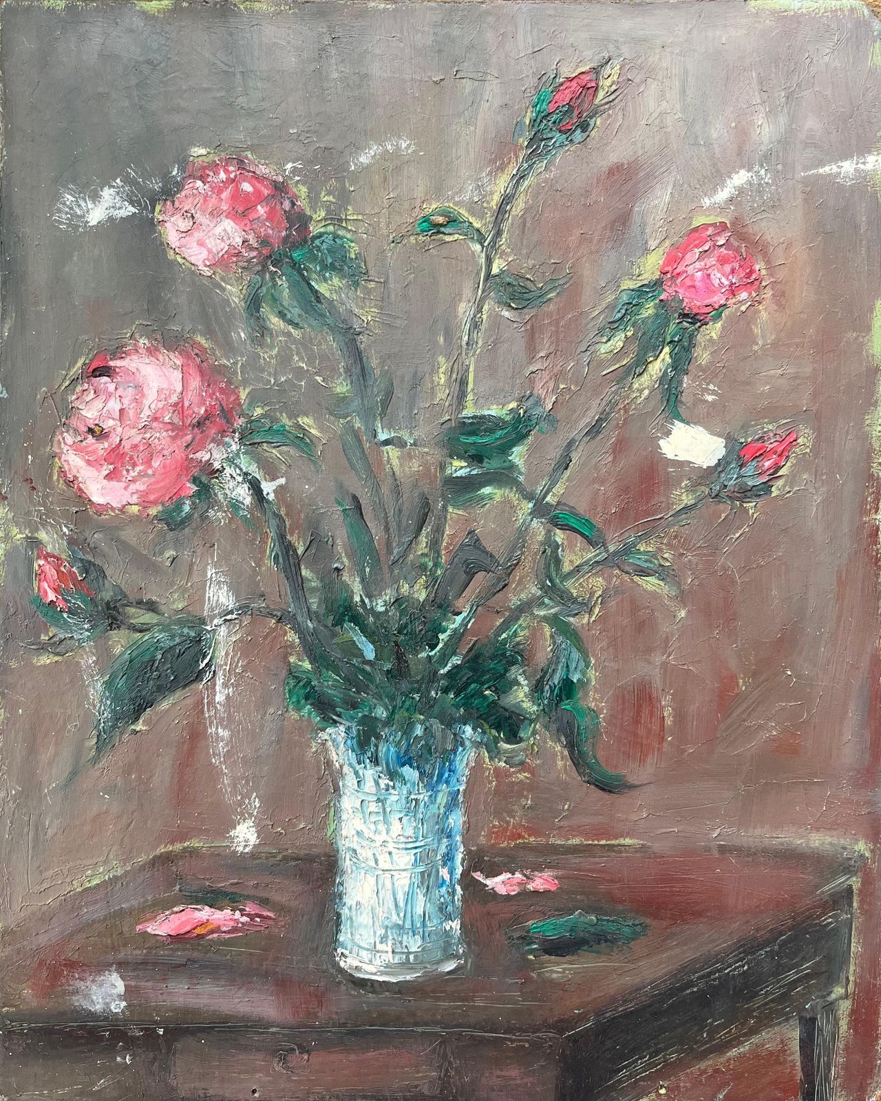 Fanch Lelfrench Impressionist Oil Painting Of Pink Roses In A Glass Vase