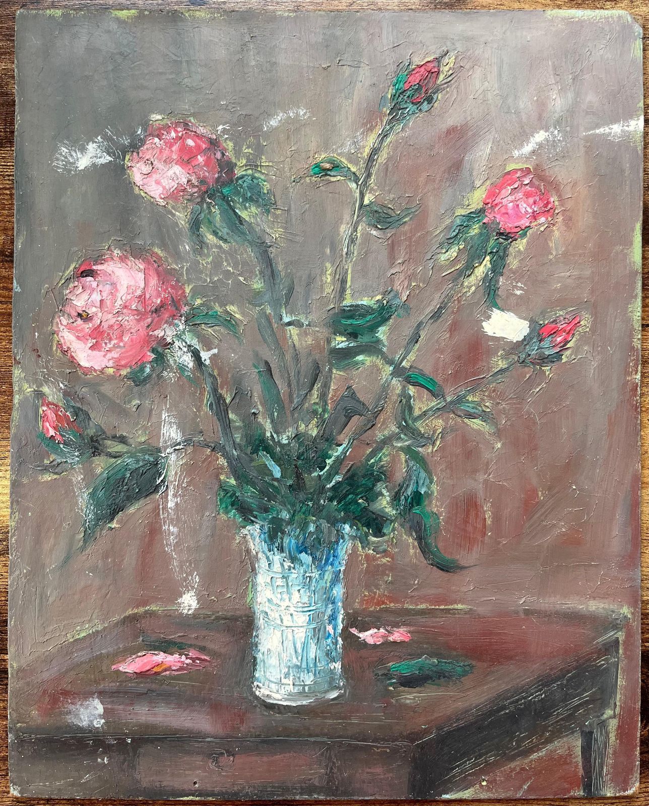 Fanch Lelfrench Impressionist Oil Painting Of Pink Roses In A Glass Vase photo furniture
