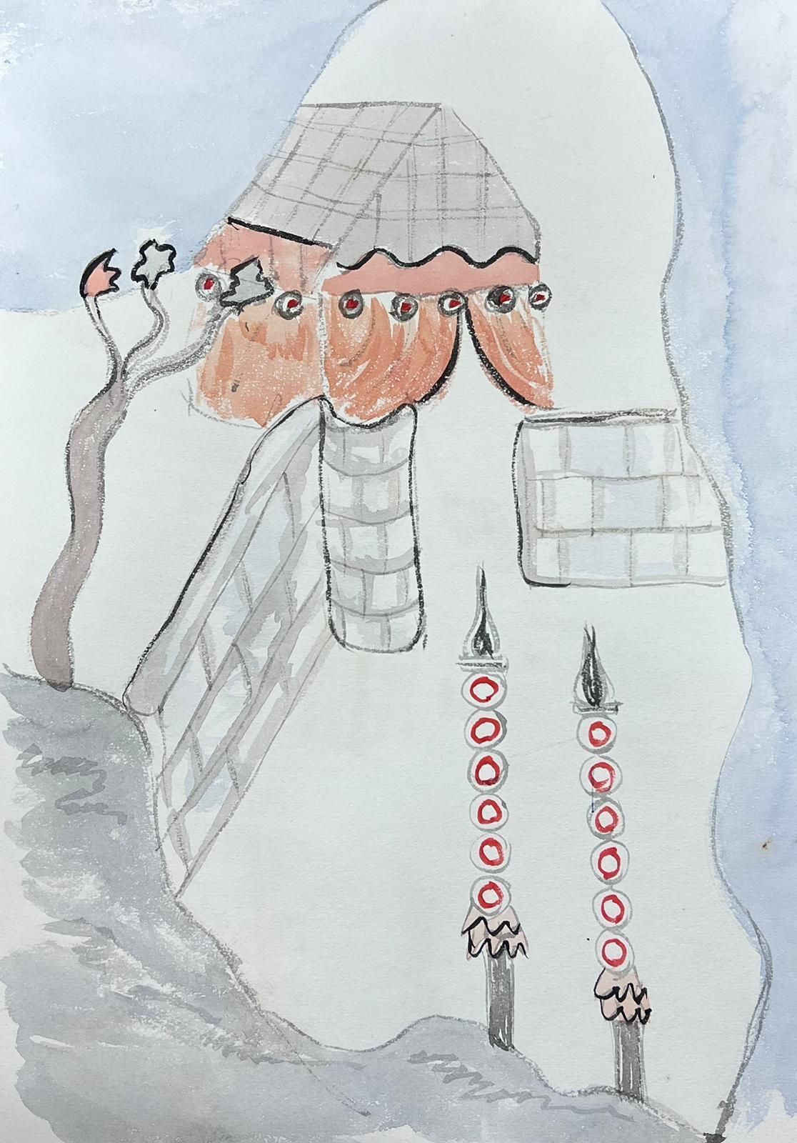 Marjorie Schiele (1913 2008)whimsical Watercolour Of An Abstract Architectural Scene With Unique Details photo Art