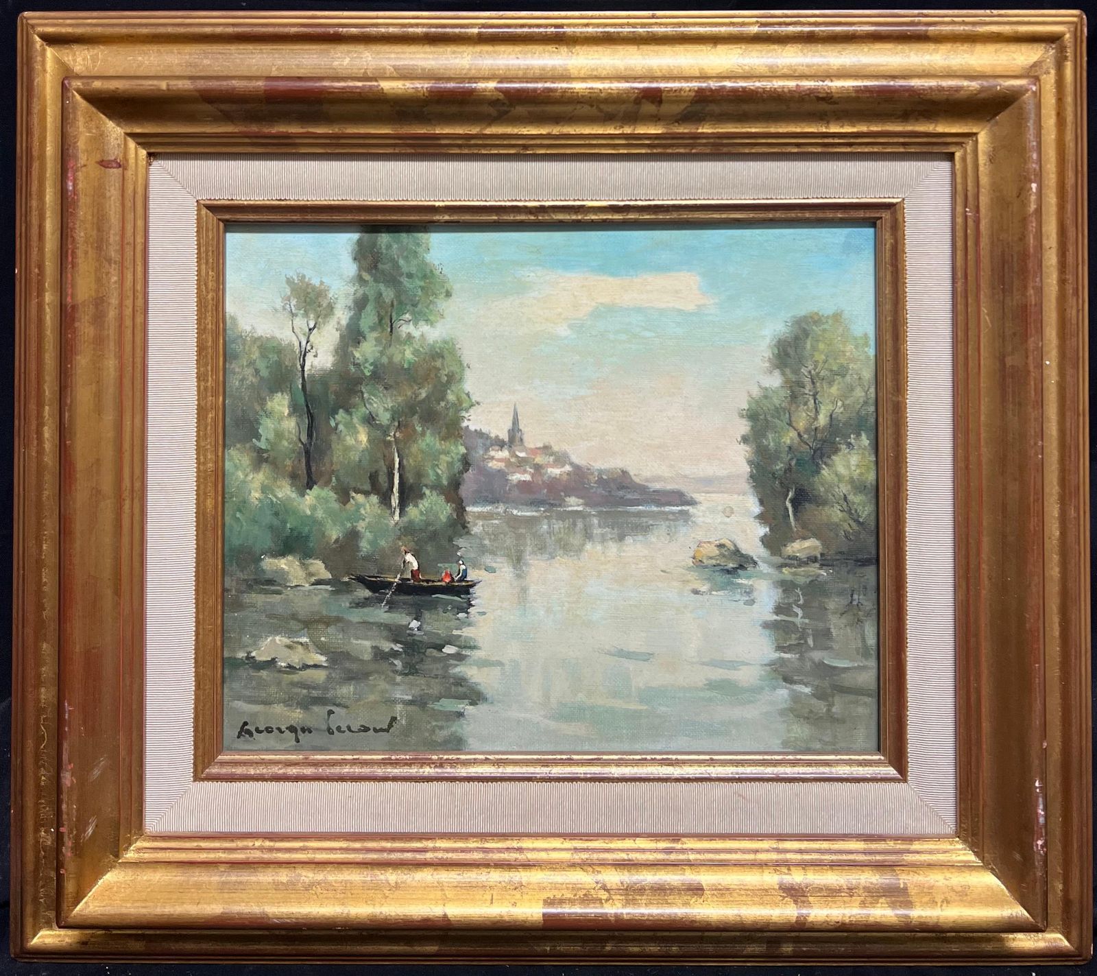 Georges Lerouxriver Landscape With Boaters Trees Distant Village French Mid Century Paintingmid 20th Century