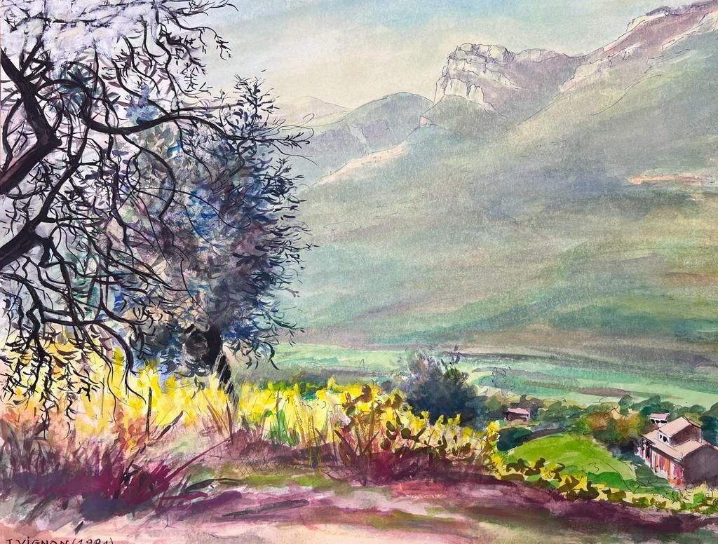Josine Vignoncaptivating Watercolor Landscape Of A Mountain Valley With Blooming Trees1999