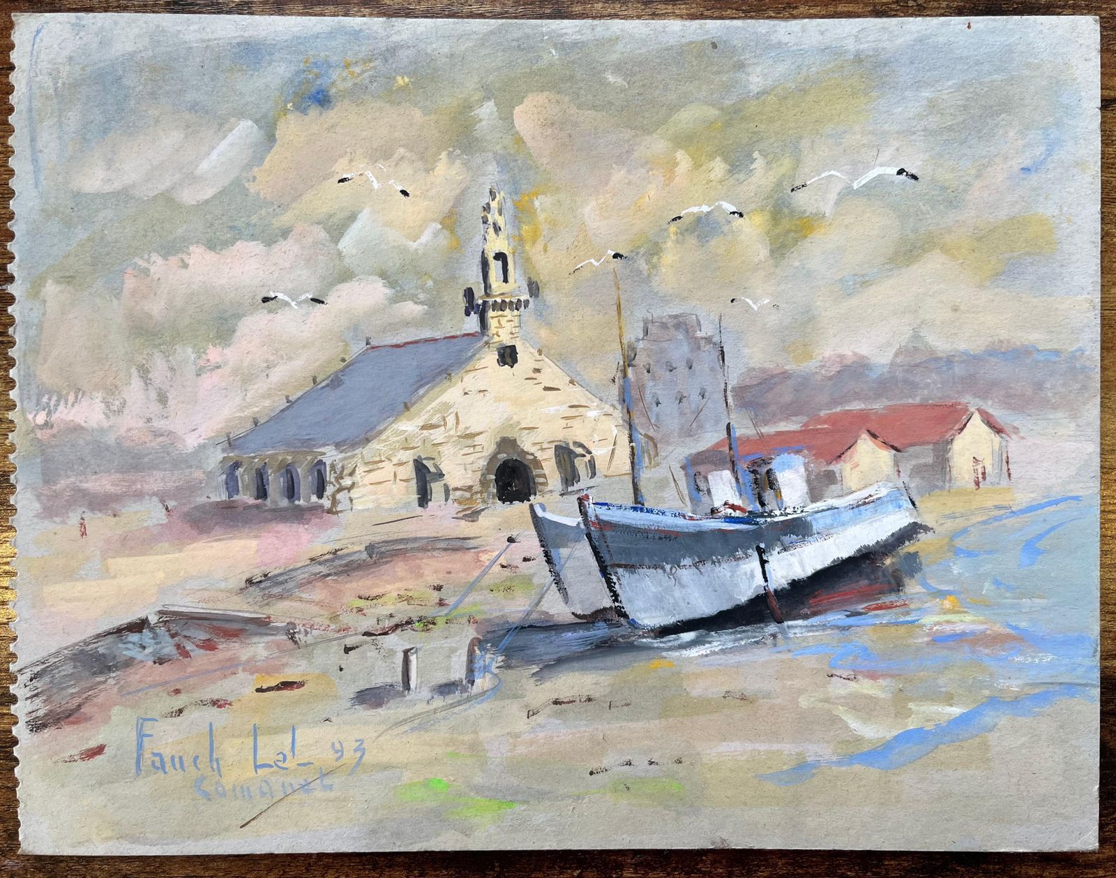 Fanch Lelfrench Impressionist Oil Painting Of A Chapel And Fishing Boat In Camaret1993 photo furniture