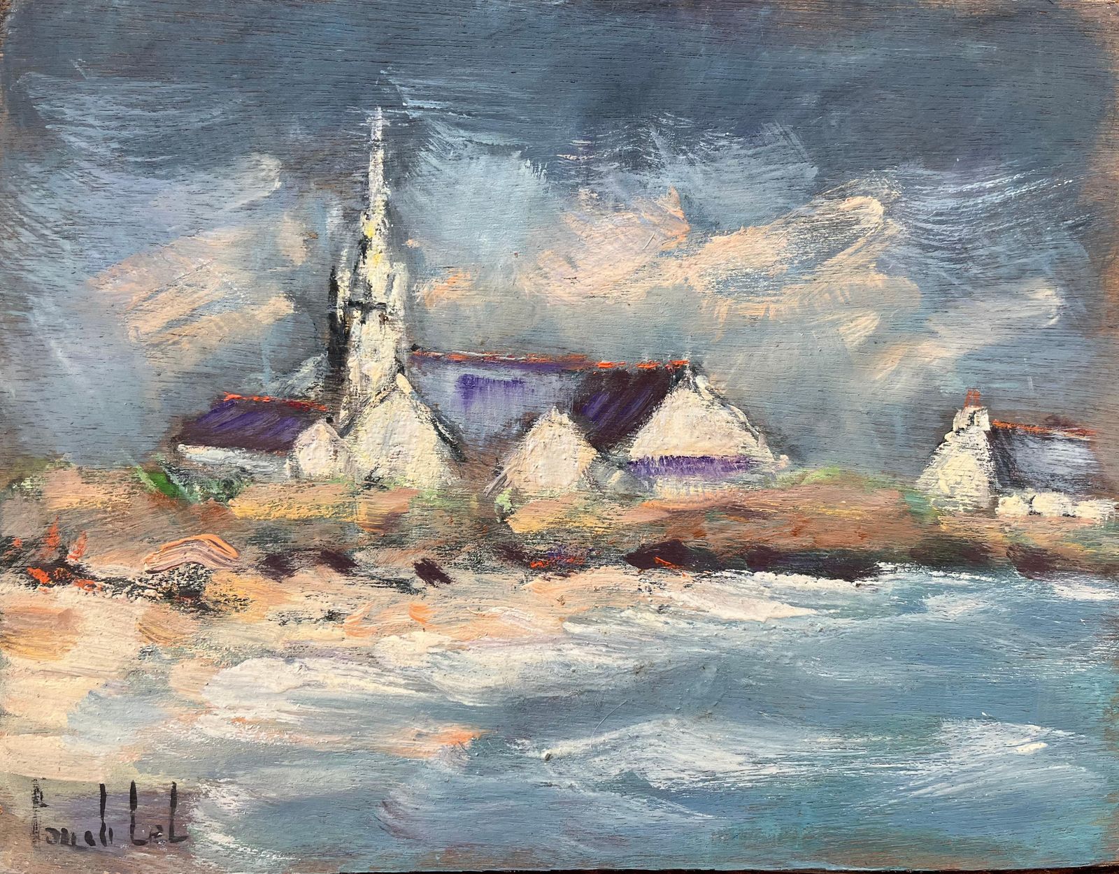 Fanch Lelfrench Impressionist Oil Painting Of Coastal Village Church At Dusk