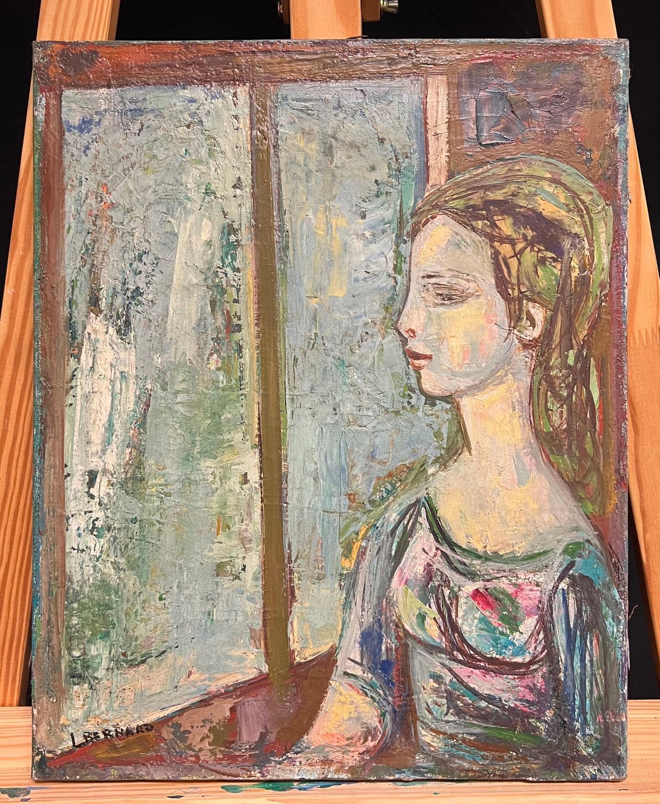 L Bernard1950's French Modernist Portrait Of Woman By The Window Textured Oil Paintingmid 20th Century photo furniture