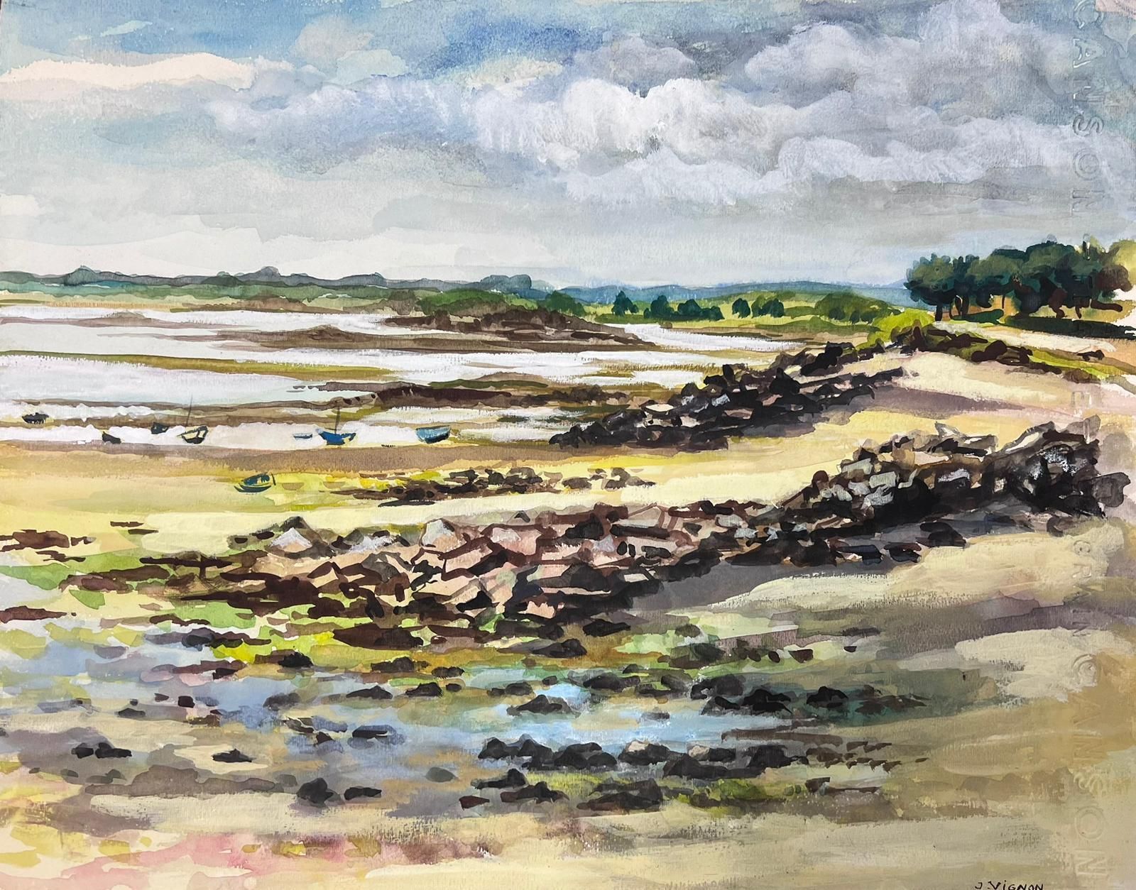 Josine Vignoncoastal Watercolor Scene Of Low Tide With Rocky Shoreline And Distant Boats1950s