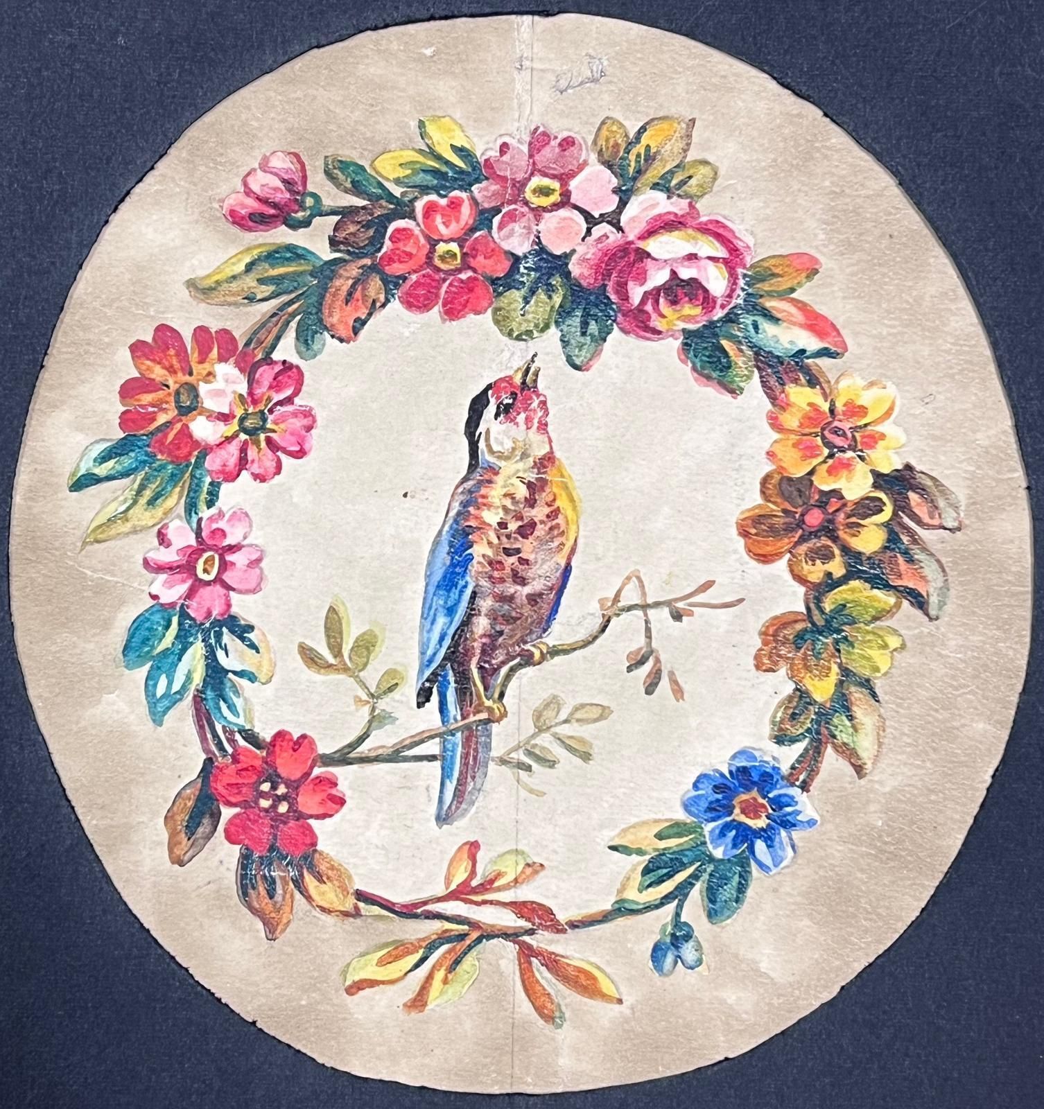 French Schooldelicate Watercolour Of A Bird Encircled By A Floral Wreath Antique Rococo photo furniture