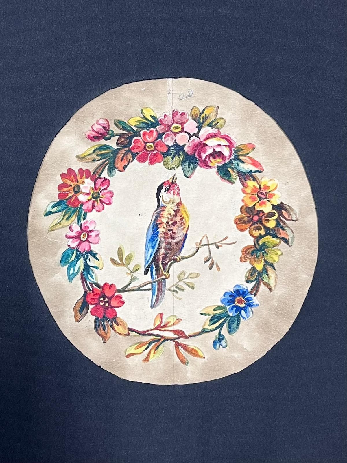 French Schooldelicate Watercolour Of A Bird Encircled By A Floral Wreath Antique Rococo photo for sale