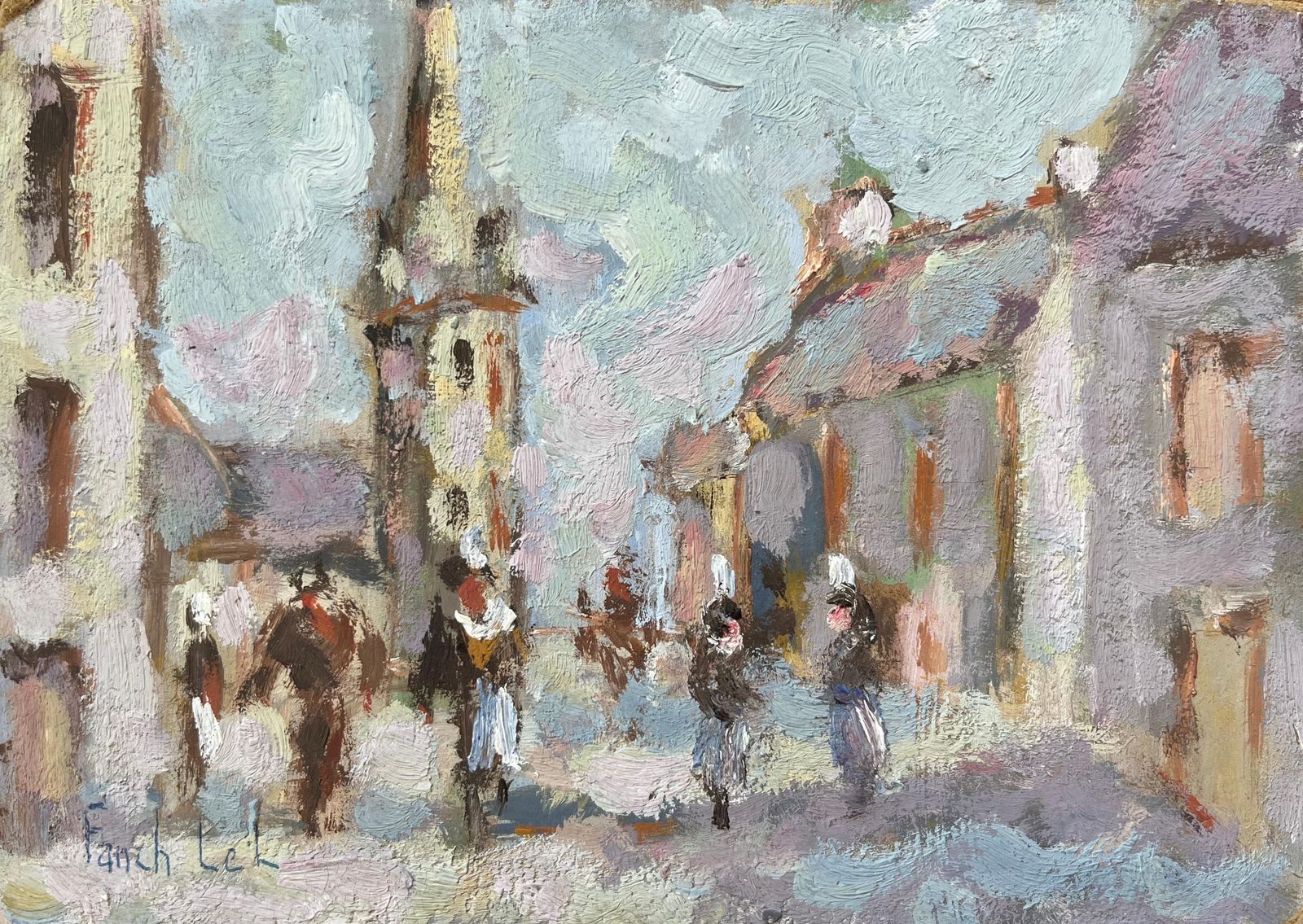 Fanch Lelfrench Impressionist Oil Painting Of Village Street Scene With Figures1997