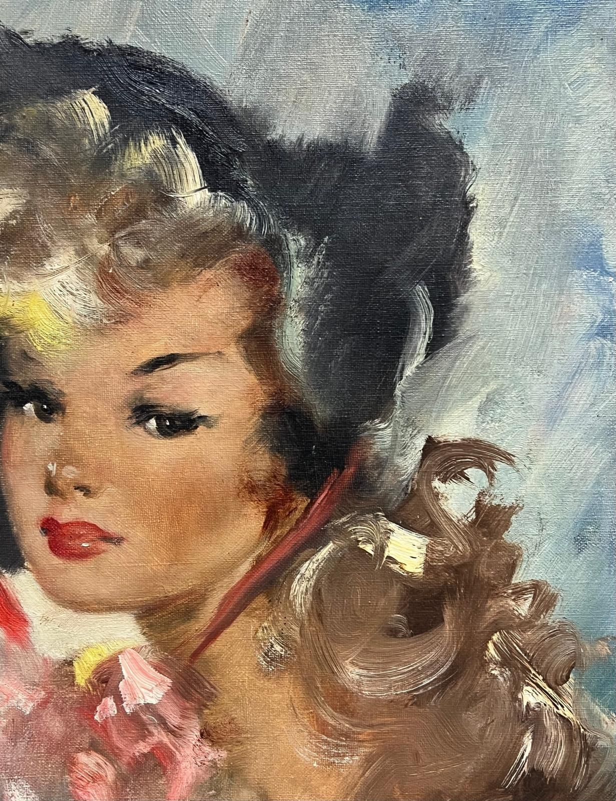 French Mid 20th1950's French Oil Elegant Portrait Of A Woman With Floral Accents In Bonnetmid 20th Century photo buy
