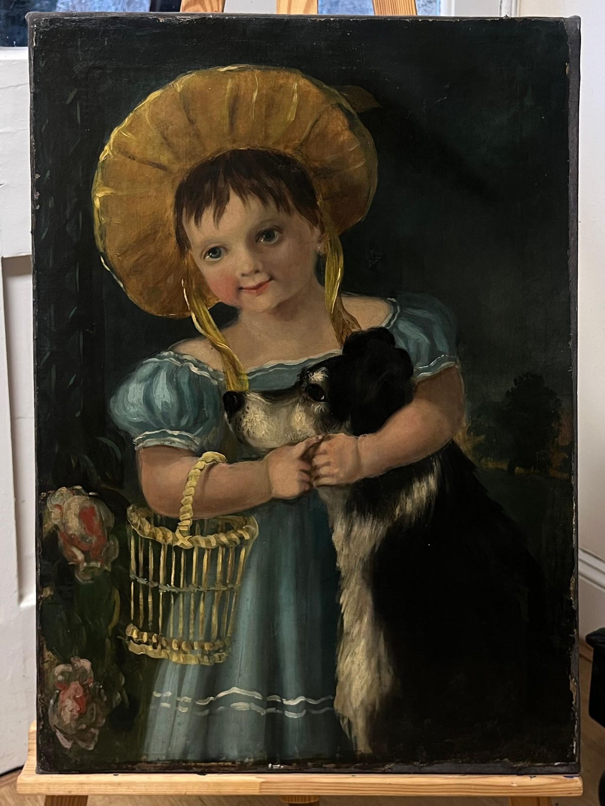 Victorian Schoolvictorian English Oil Painting Portrait Of A Young Girl In A Bonnet With Her Dogmid 19th Century photo furniture