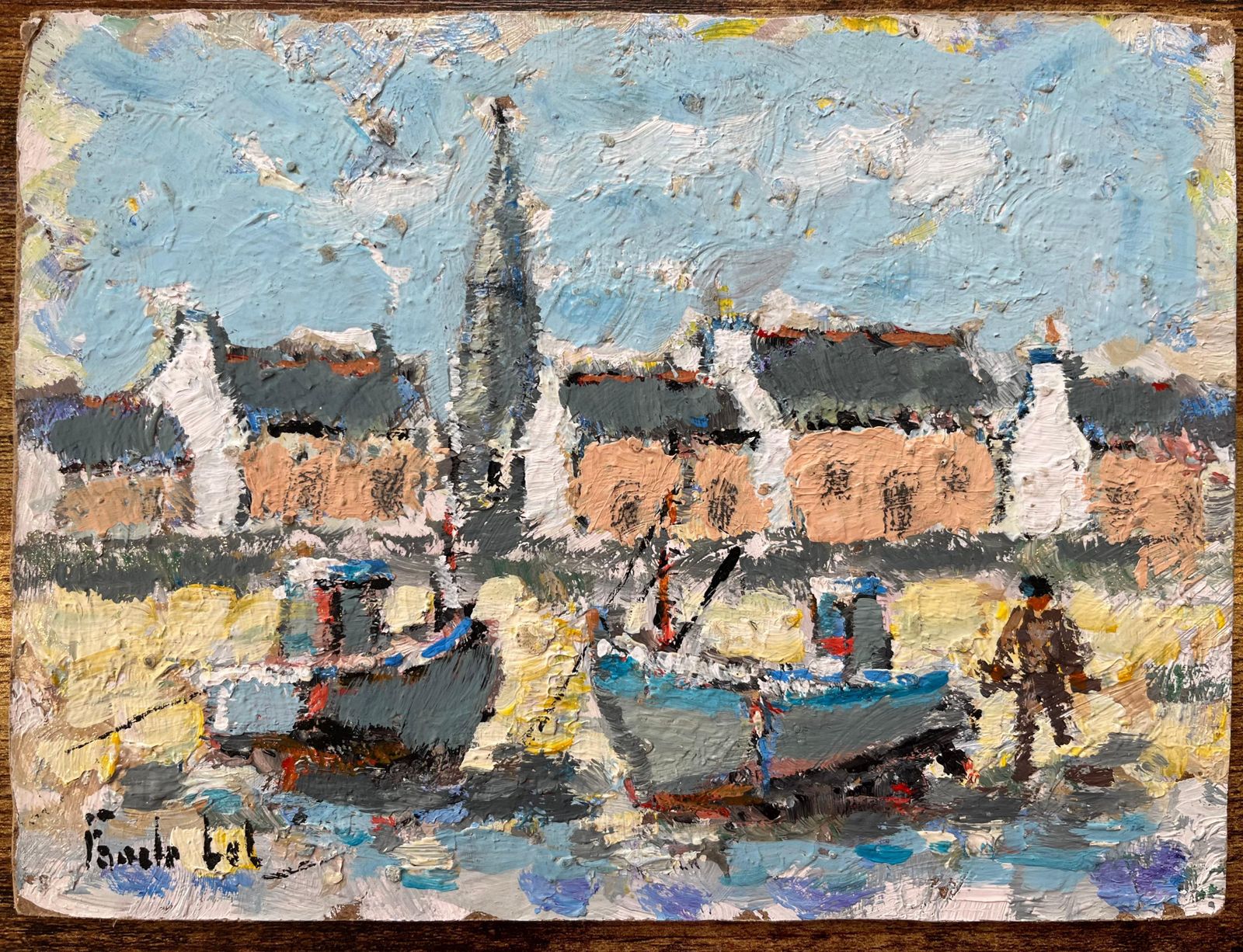 Fanch Lelfrench Impressionist Oil Painting Of Fishing Boats By The Village Shore photo furniture