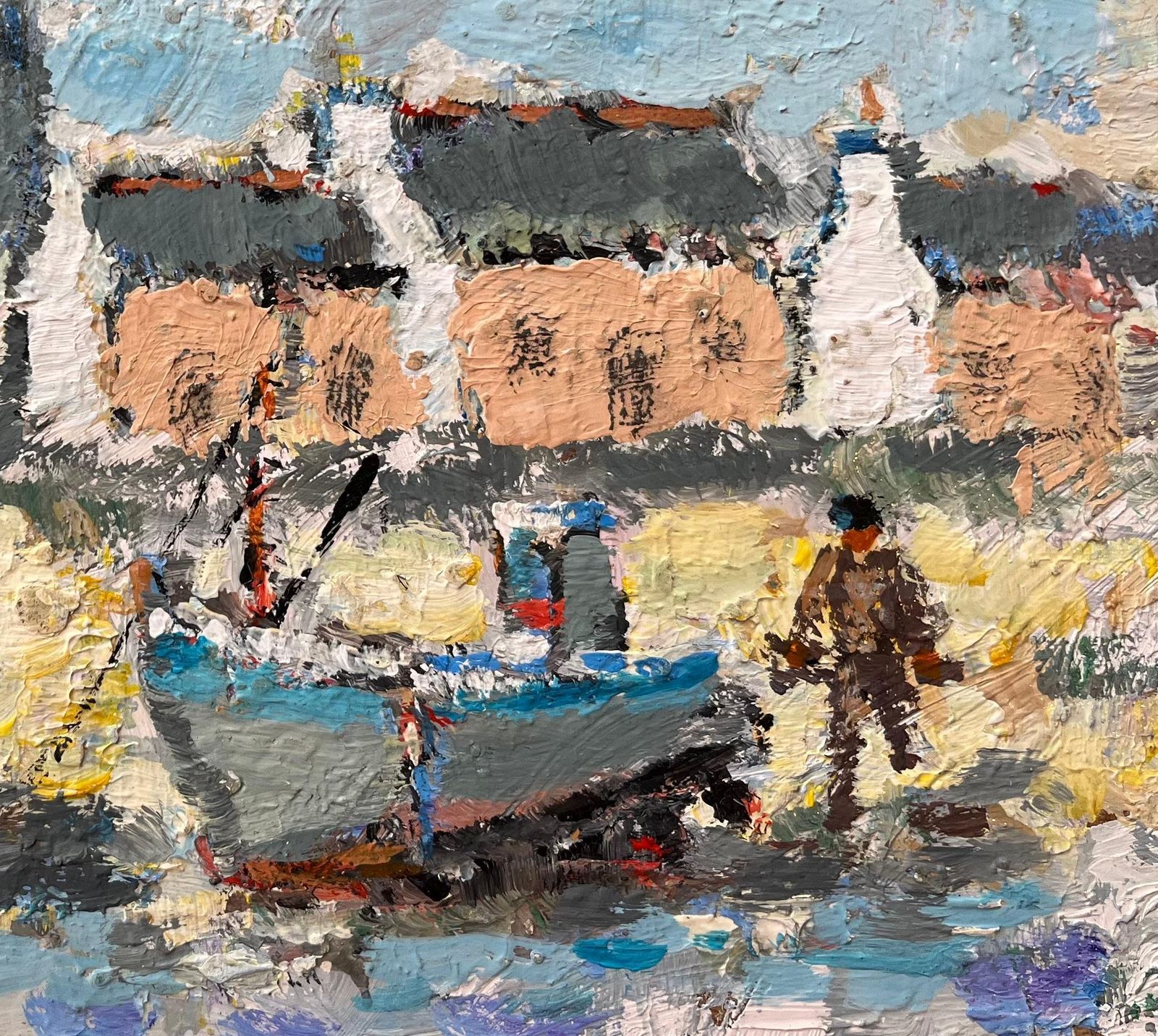 Fanch Lelfrench Impressionist Oil Painting Of Fishing Boats By The Village Shore photo for sale