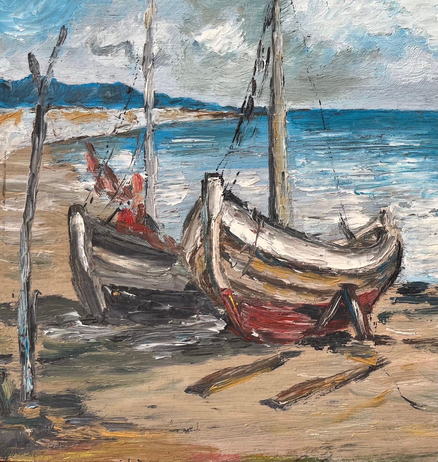 Fanch Lelfrench Impressionist Oil Painting Of Resting Boats On A Tranquil Shoreline photo for sale