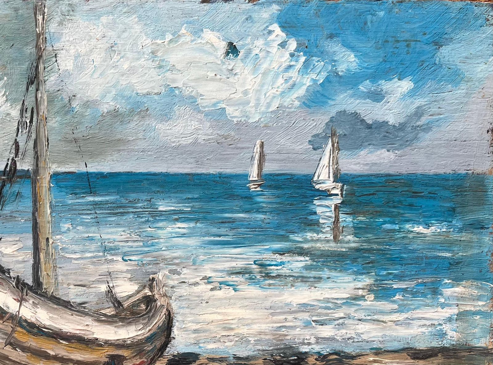 Fanch Lelfrench Impressionist Oil Painting Of Resting Boats On A Tranquil Shoreline photo 443.0
