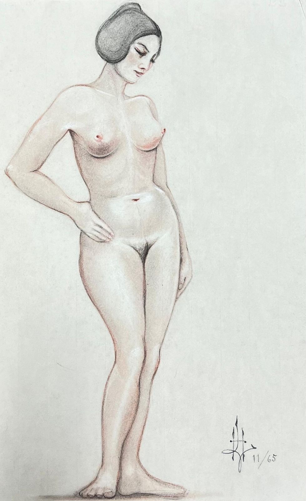 Dagmar Web1960's Original French Pastel Sketch Elegant Nude Lady Model1960's