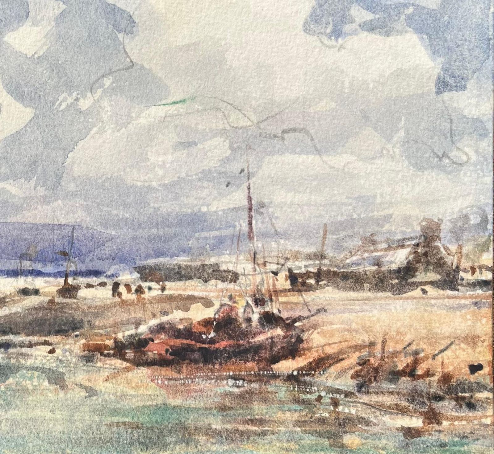 Maurice Mazeiliefrench Impressionist Watercolor Of A Harbor Scene With Boats Moored On The Shore photo for sale