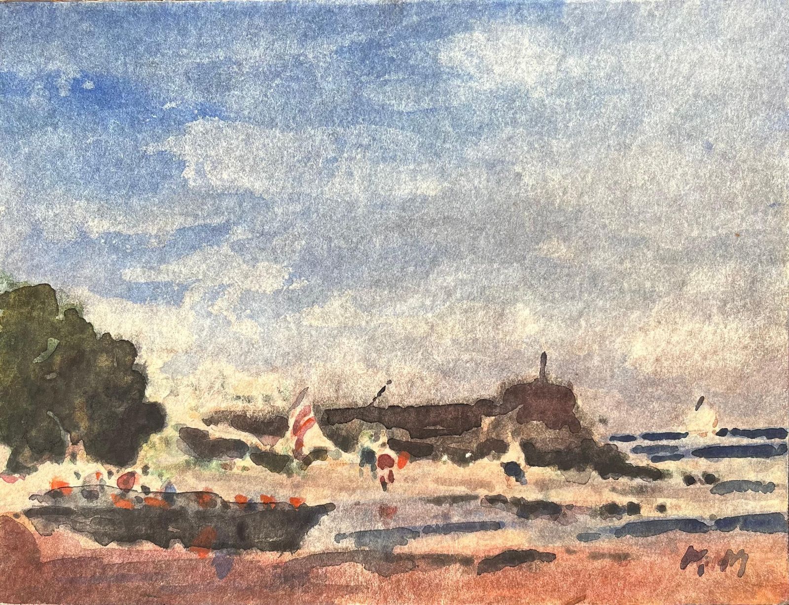 Maurice Mazeiliefrench Impressionist Watercolor Of Boats And Coastal Figures At The Shore2019