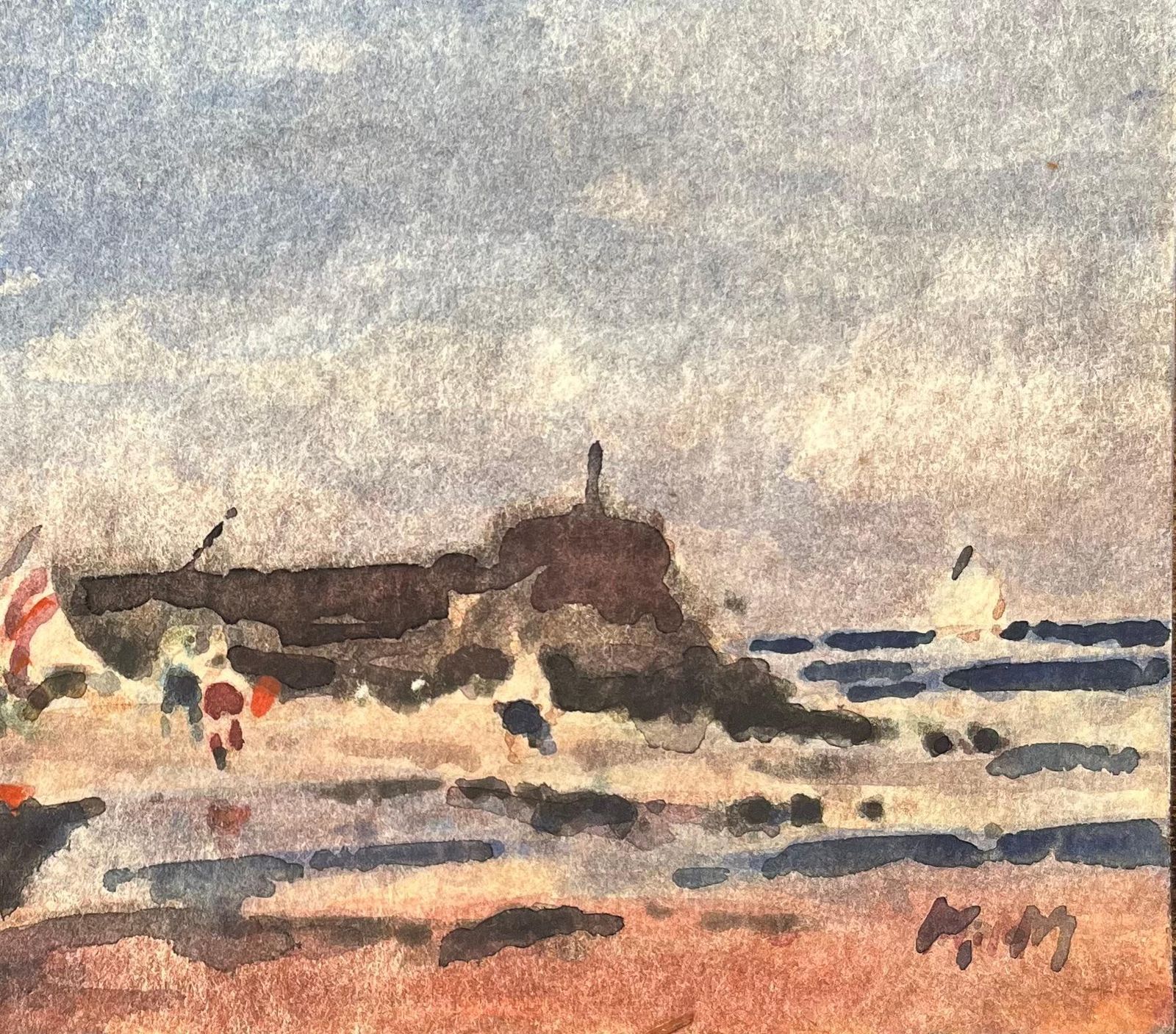Maurice Mazeiliefrench Impressionist Watercolor Of Boats And Coastal Figures At The Shore2019 photo for sale