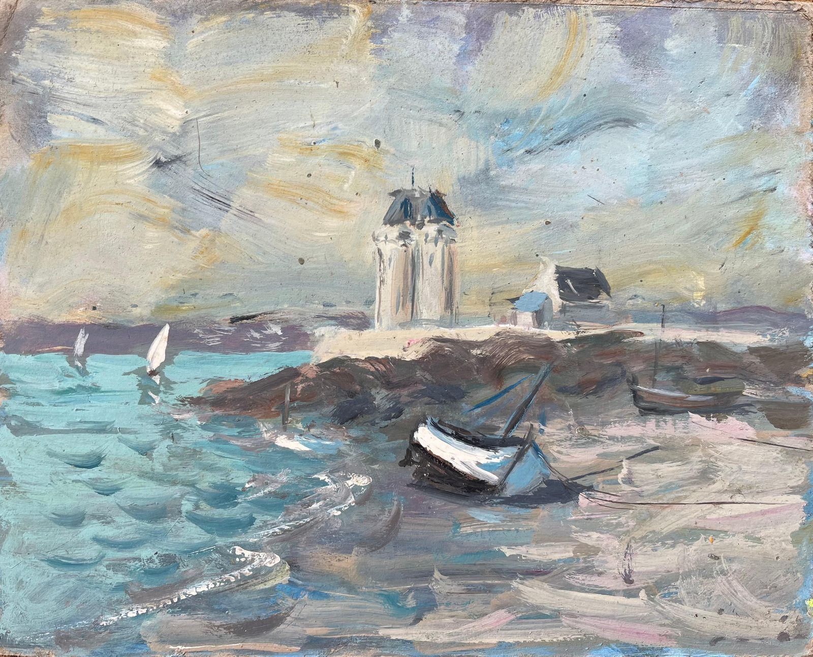 Fanch Lelfrench Impressionist Oil Painting Of A Lighthouse Perched On A Rocky Outcrop