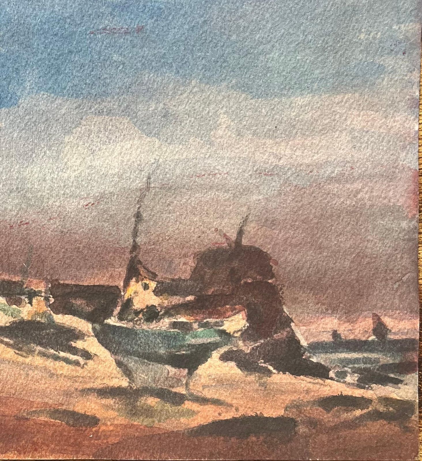 Maurice Mazeiliefrench Impressionist Watercolor Of Fishing Boats On A Sandy Shore photo for sale