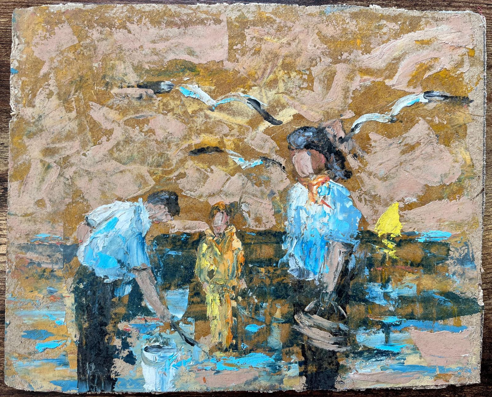 Fanch Lelfrench Impressionist Oil Painting Of Seaside Gathering With Fishermen And Child photo furniture