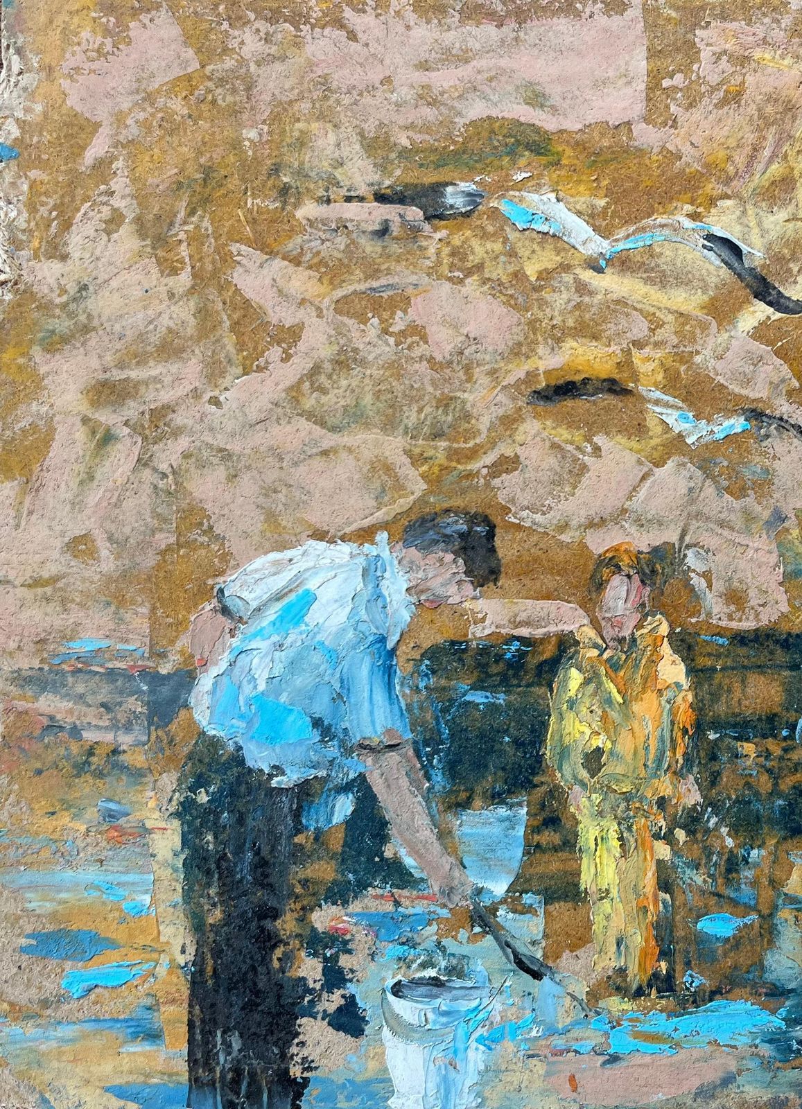 Fanch Lelfrench Impressionist Oil Painting Of Seaside Gathering With Fishermen And Child photo 445.0