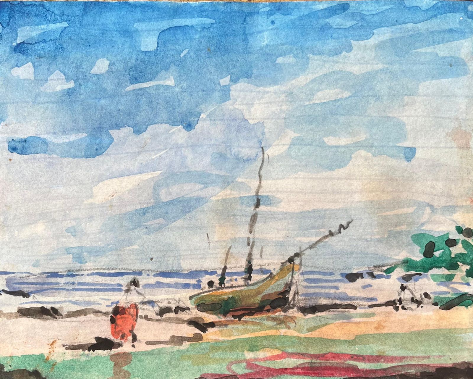 Maurice Mazeiliefrench Impressionist Watercolor Of Beach Scene With Lone Boat