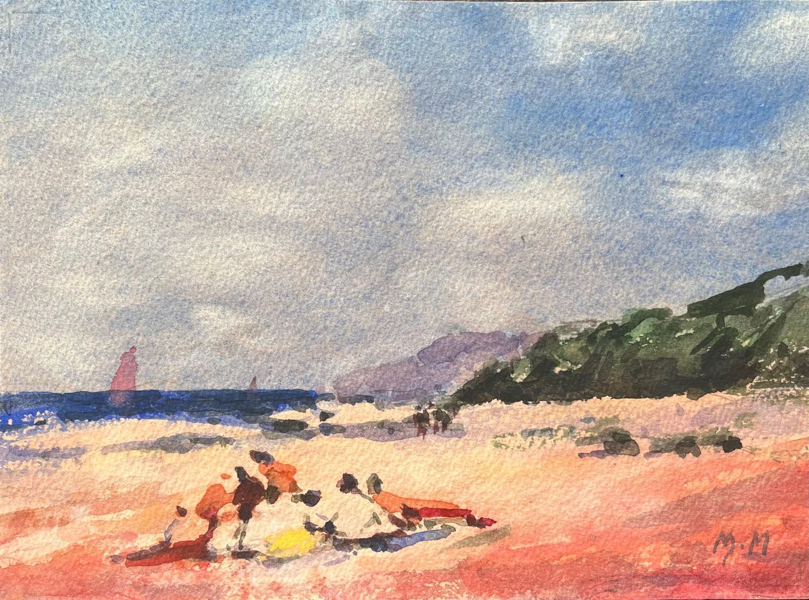 Maurice Mazeiliefrench Impressionist Watercolor Of Figures Relaxing On A Beach