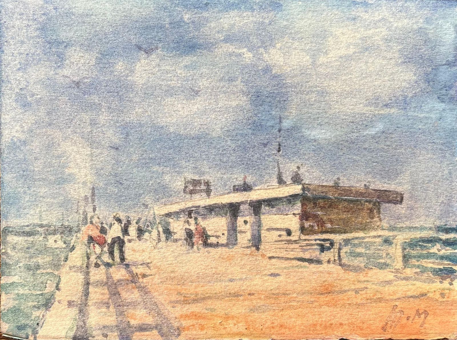 Maurice Mazeiliefrench Impressionist Watercolor Of A Pier With Figures On A Sunny Day