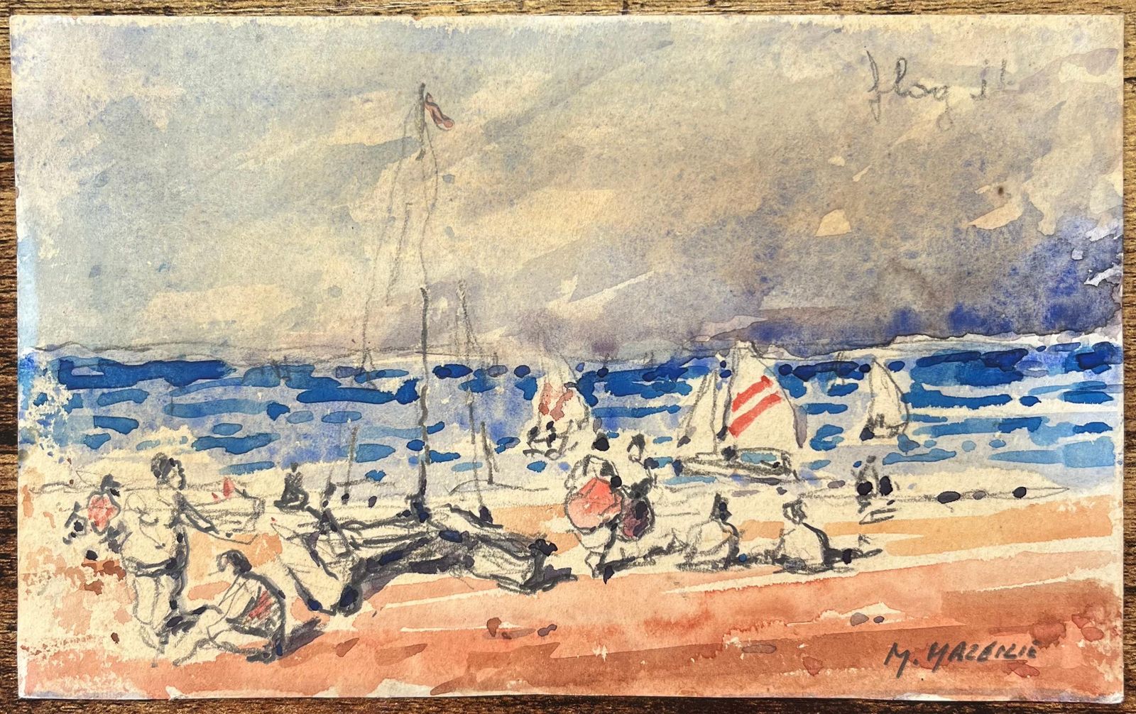 Maurice Mazeiliefrench Impressionist Watercolor Of A Seaside Gathering With Sailboats photo furniture