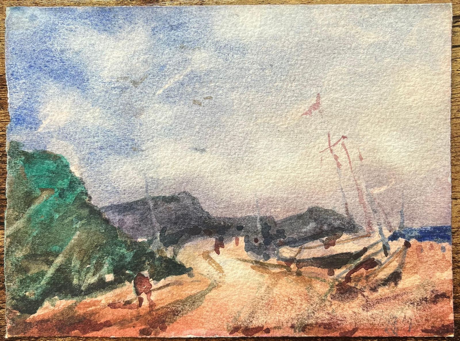 Maurice Mazeiliefrench Impressionist Watercolor Of Coastal Path With Beached Boats photo furniture