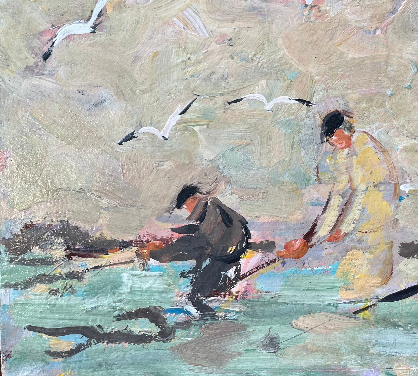 Fanch Lelfrench Impressionist Oil Painting Of Seaside Harvesters With Gulls In Flight1993 photo vinterior