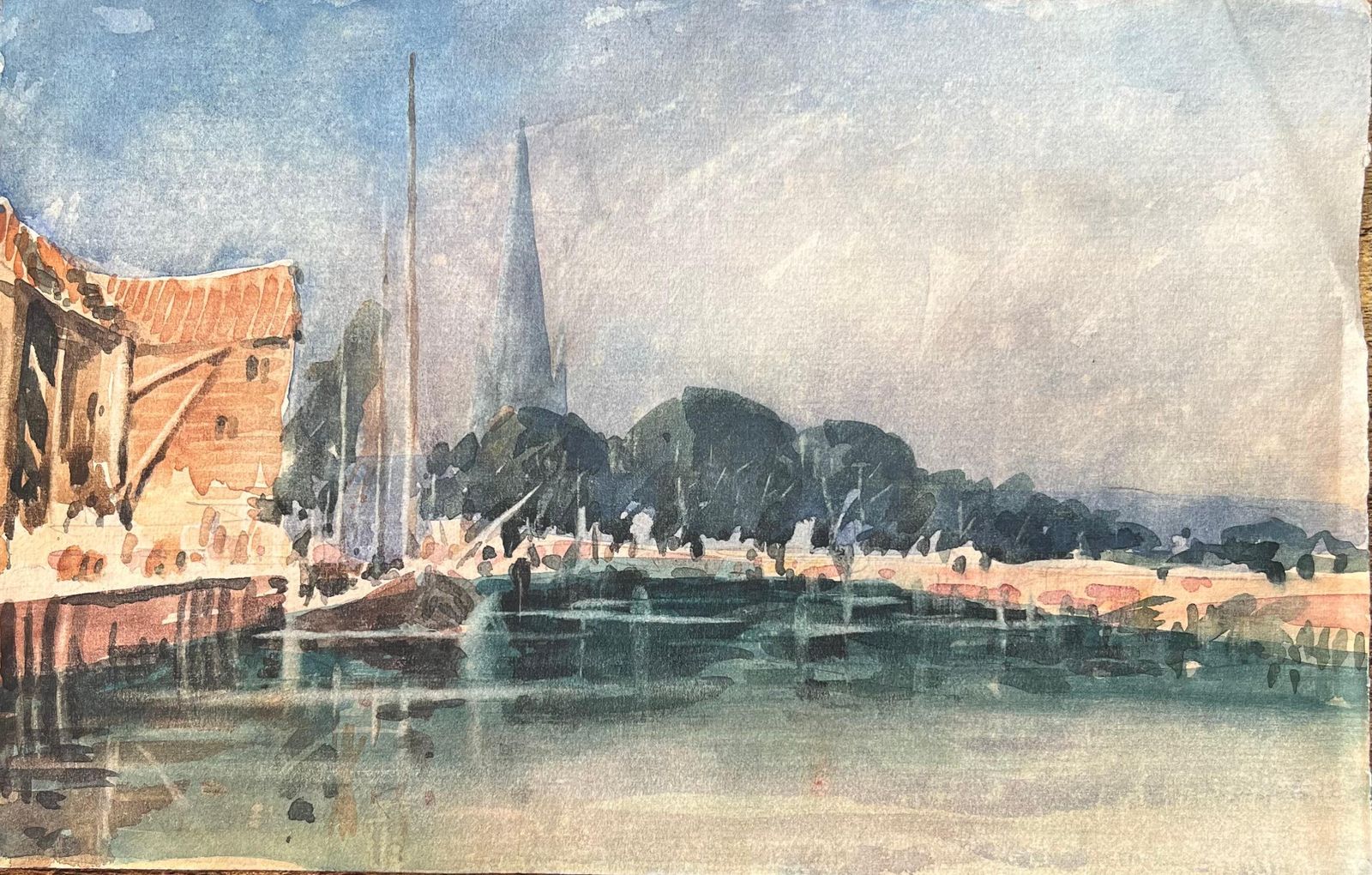 Maurice Mazeiliefrench Impressionist Watercolor Of A Riverside Scene With Cathedral Spire
