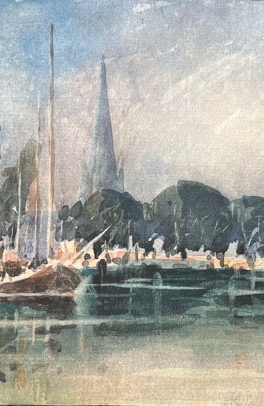 Maurice Mazeiliefrench Impressionist Watercolor Of A Riverside Scene With Cathedral Spire photo Art