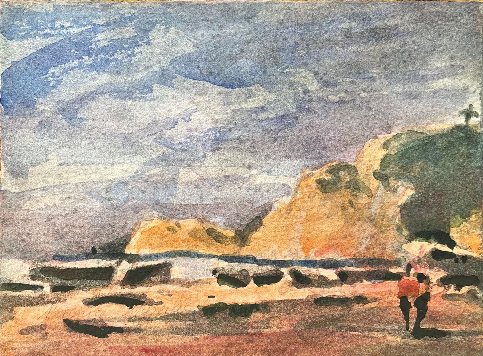 Maurice Mazeiliefrench Impressionist Watercolor Of Figures Taking A Cliffside Beach Stroll