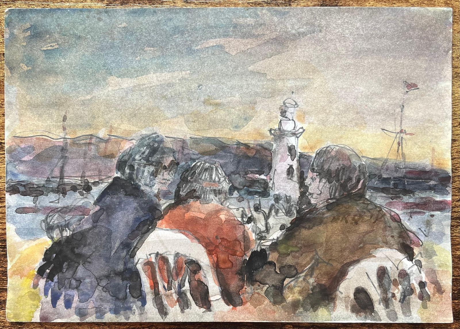 Maurice Mazeiliefrench Impressionist Watercolor Of Figures By The Lighthouse At Sunset photo furniture
