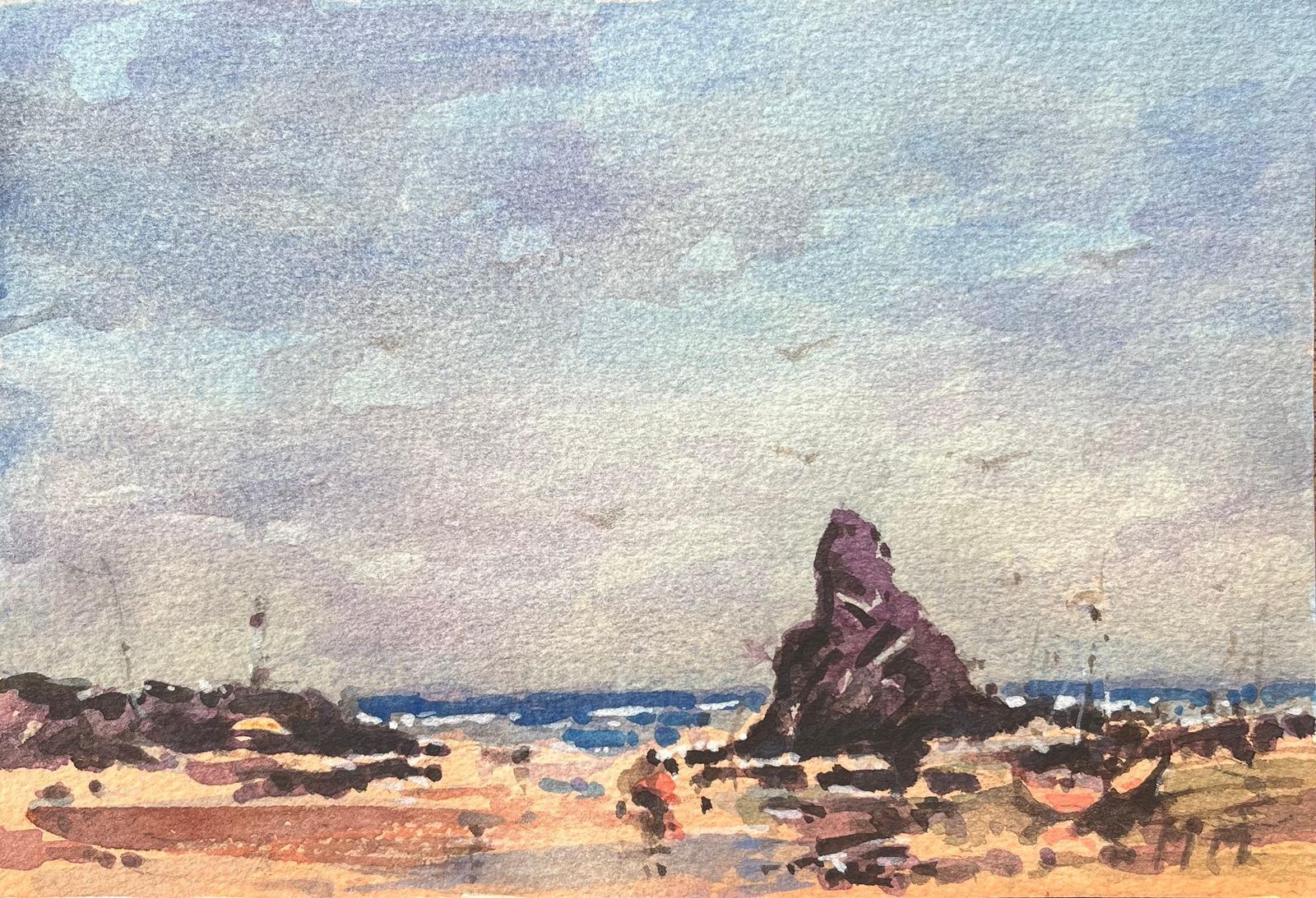 Maurice Mazeiliefrench Impressionist Watercolor Of A Coastal Scene With Rocky Outcrop