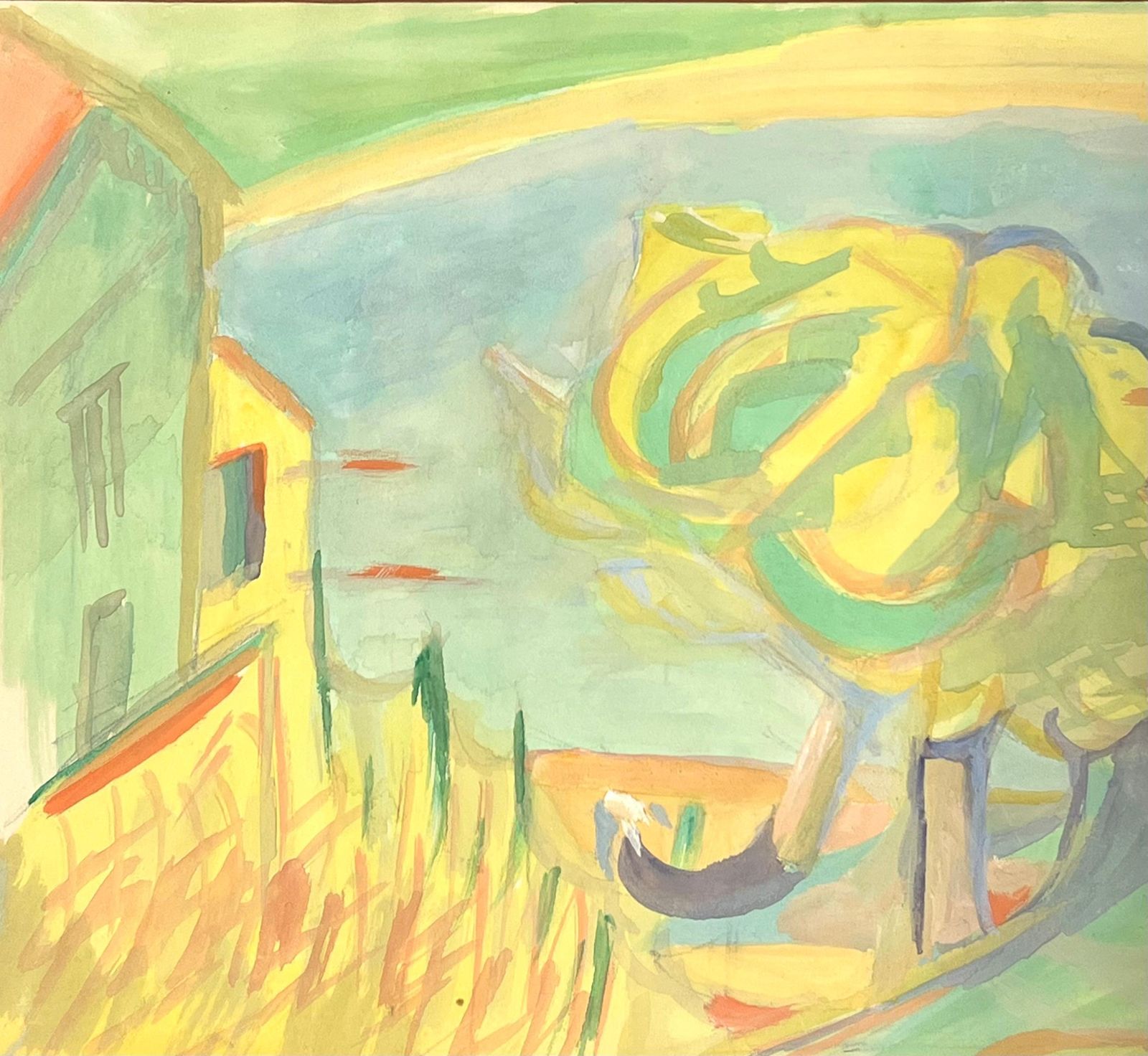 Suzanne Vattiervibrant Abstract Landscape With Yellow And Green Tones Featuring Swirling Tree1970's photo Art