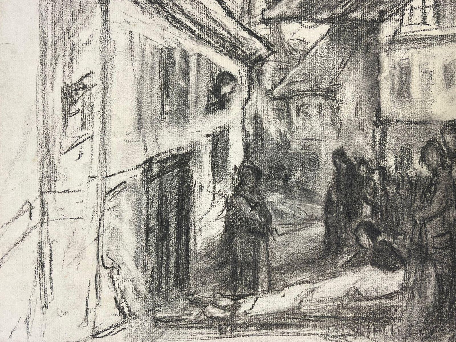 French Schoolvillage Gathering Charcoal Sketch Of A Quaint European Street Scene With Figuresmid 20th Century photo furniture
