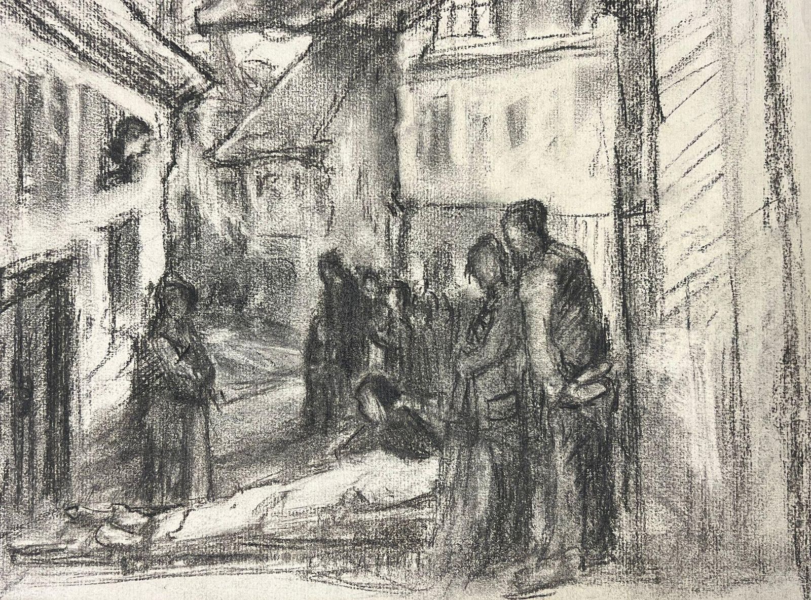 French Schoolvillage Gathering Charcoal Sketch Of A Quaint European Street Scene With Figuresmid 20th Century photo for sale