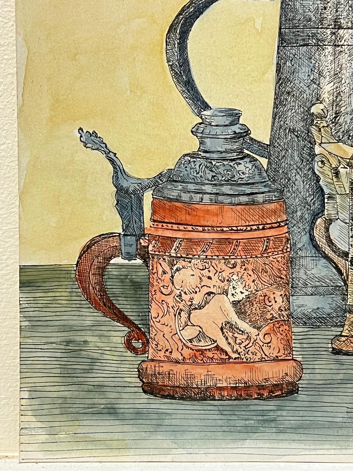 Bernard Labbe1950's Detailed Watercolor Still Life Featuring Ornate Tankards Painting1950's photo vinterior