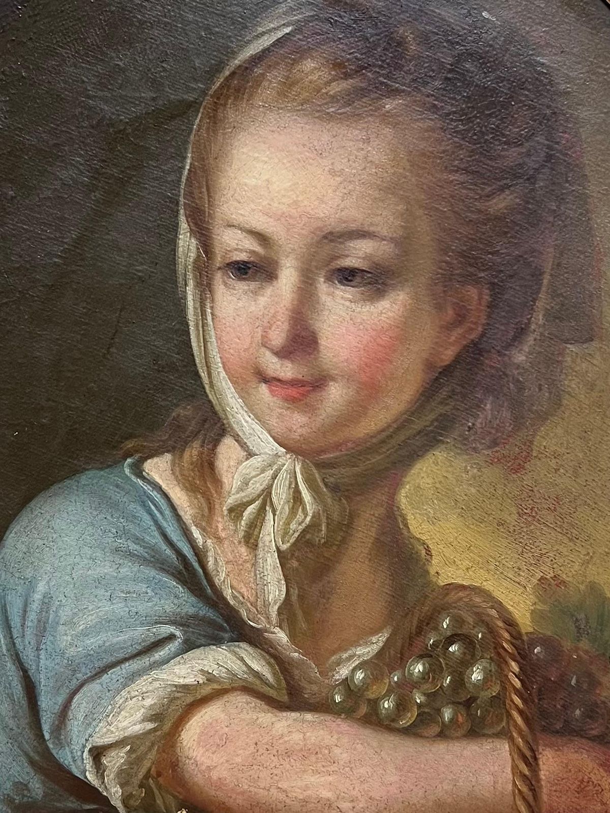 French Schoolfrench Rococo 18th Century Portrait Of Young Girl With Grapes Oval Oil Painting18th photo furniture