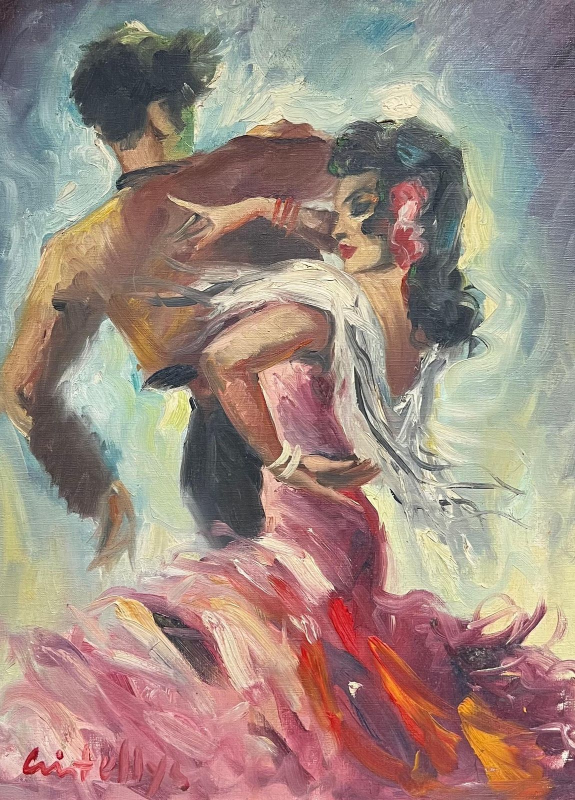 Spanish Mid 20th Centurymid Century Oil Painting In Ornate Frame Flamenco Dance Scene In Vibrant Colorsmid 20th Century photo furniture