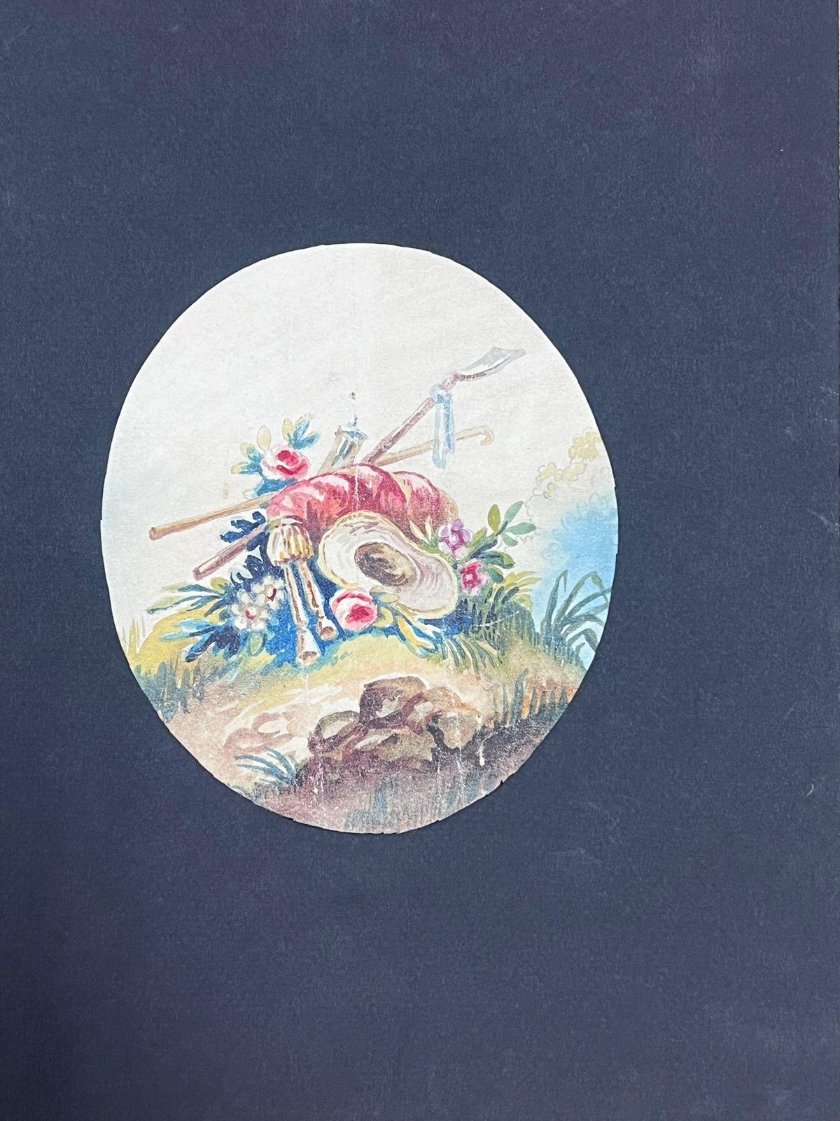 French Schoolpair Of Delicate Oval Watercolor Illustrations Of Pastoral Still Life photo for sale