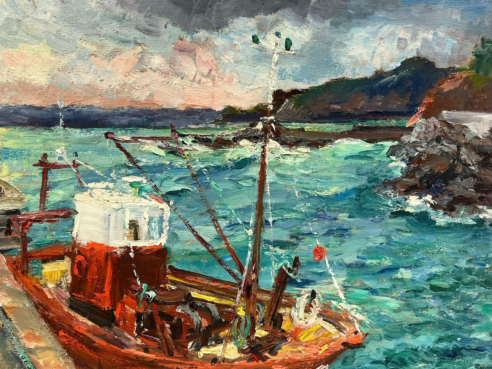 Regine Davidvibrant Coastal Scene Of A Fishing Boat Docked By A Lighthouse French Landscape1950's photo for sale