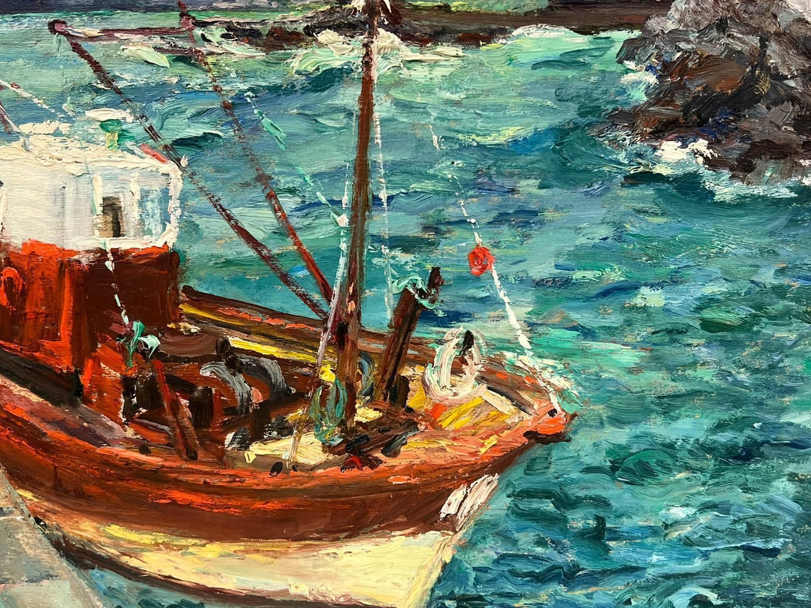 Regine Davidvibrant Coastal Scene Of A Fishing Boat Docked By A Lighthouse French Landscape1950's photo vinterior