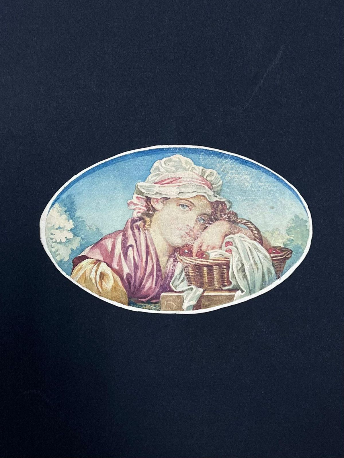 French Schoolcharming Oval Watercolor Portrait Of A Young Woman With Basket Of Fruit photo for sale